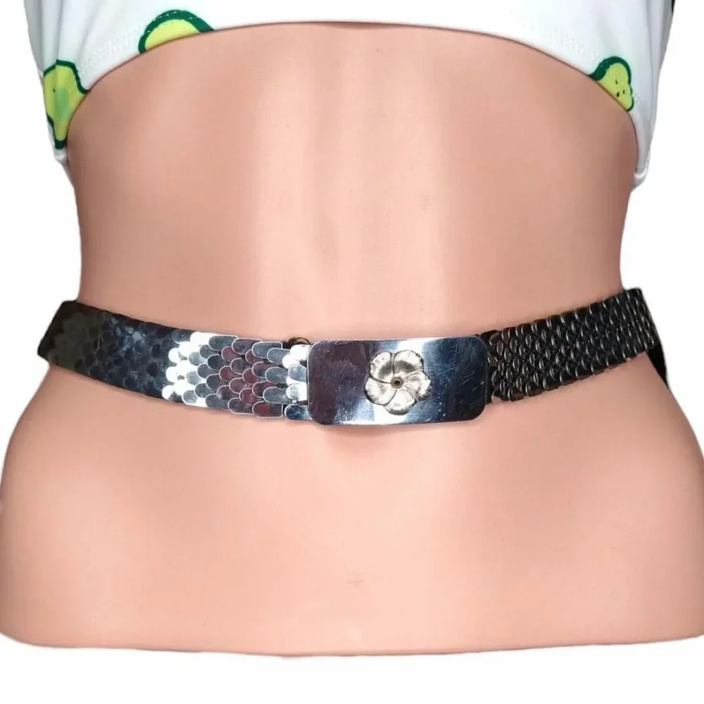 60's Vintage Stretchy Metal Belt with Flower on Buckle size S/M #festival